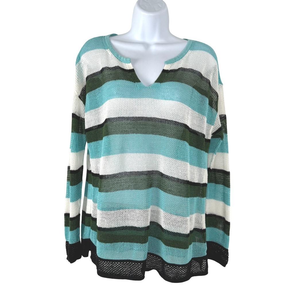 Talbots Sweater Top Large Split Neck Open Knit Striped Linen Blend Beach TP-2968